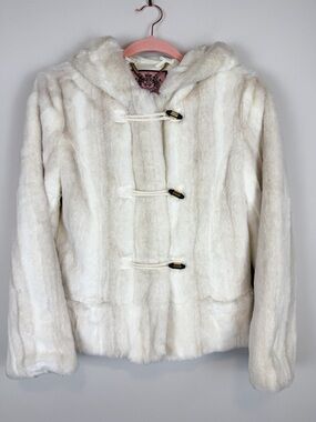 Y2K‎ Juicy Couture Cream Faux Fur Hooded Toggle Jacket Coat 2010 Size Large
